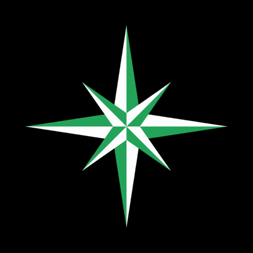 a green and white compass on a dark background
