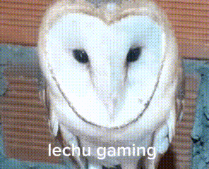 an owl with a heart shaped face is smiling with the words lechu gaming below it .
