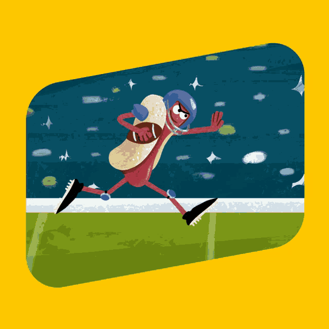 a cartoon of a hot dog wearing a helmet and running with a football