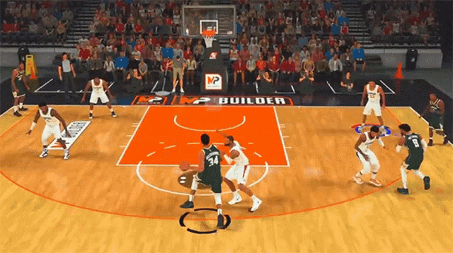 a basketball game is being played on a court that has a builder logo on it