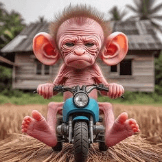 a monkey with big ears is riding a motorcycle in a field .