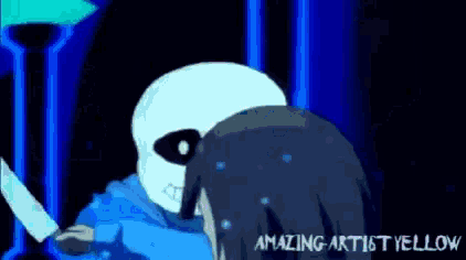 a cartoon of a skeleton holding a knife next to a girl with the words amazing artist yellow below it .