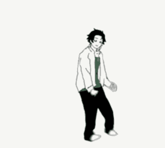 a black and white drawing of a man in a green shirt and black pants dancing .