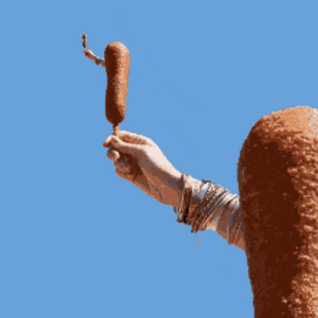 a person holding a corn dog on a stick