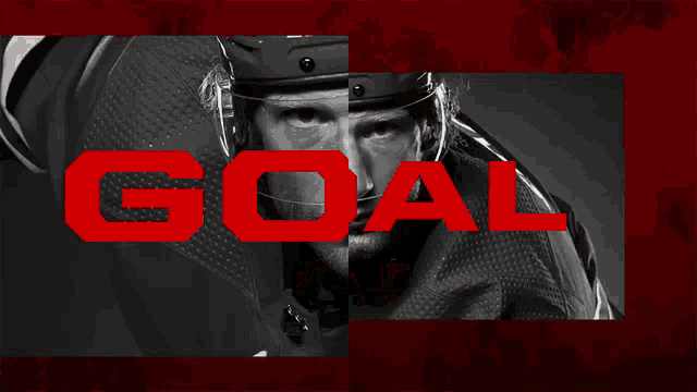 a black and white photo of a hockey player with the word goal in white letters