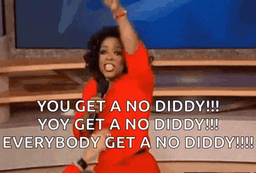 a woman in a red dress is holding a microphone and saying " you get a no diddy !!! "