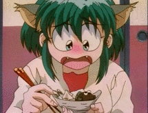 a girl with green hair and cat ears is eating food with chopsticks