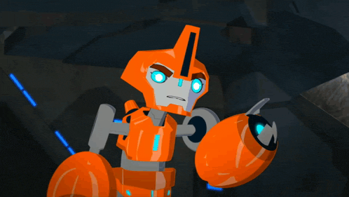 a cartoon robot with a blue light on his arm