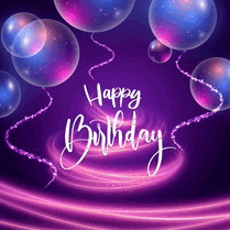 a purple background with balloons and the words `` happy birthday '' .