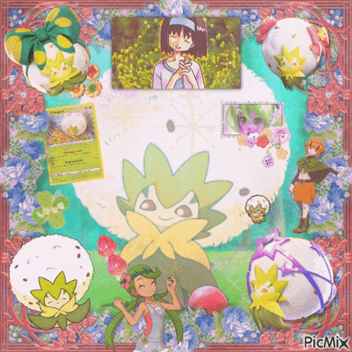 a picture of a girl surrounded by flowers and a card that says picmix on the bottom right