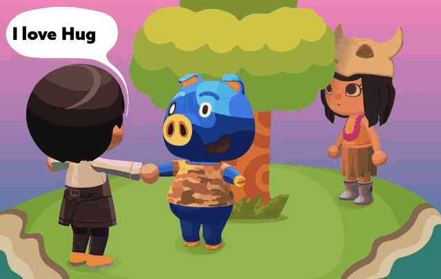 a video game character says i love hug to a pig