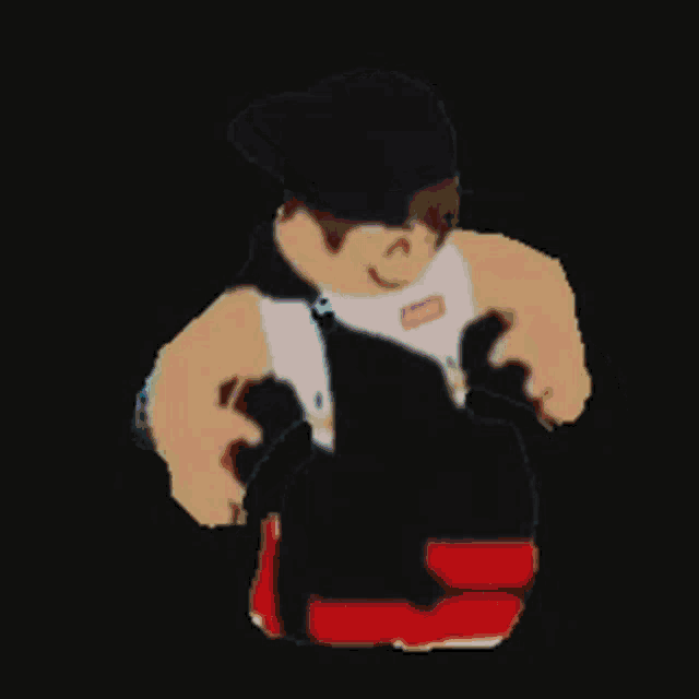 a cartoon character is wearing a black shirt and red shorts