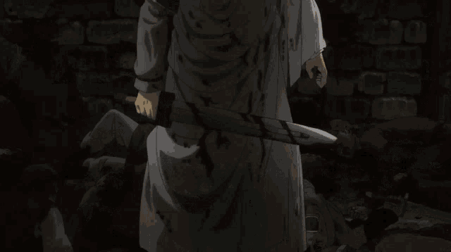a man in a white robe holding a bloody sword