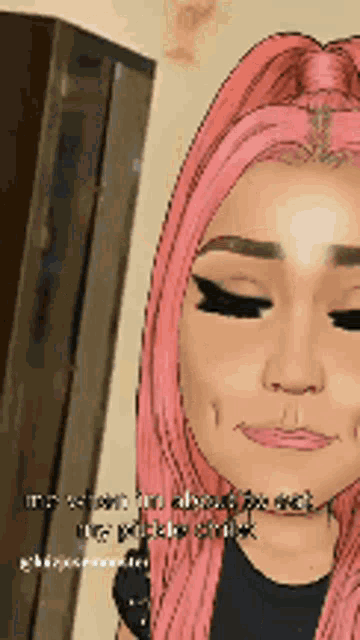 a cartoon of a woman with pink hair and a black shirt .