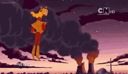 a cartoon character is standing in front of a volcano with smoke coming out of it and a cn hd logo .