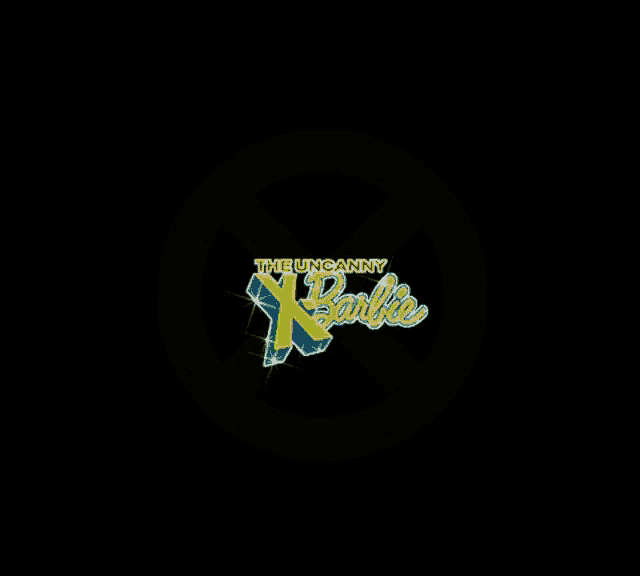 a yellow circle with the uncanny x barbie logo inside of it
