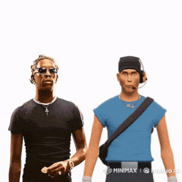 a man in a blue shirt and a man in a black shirt are dancing together .