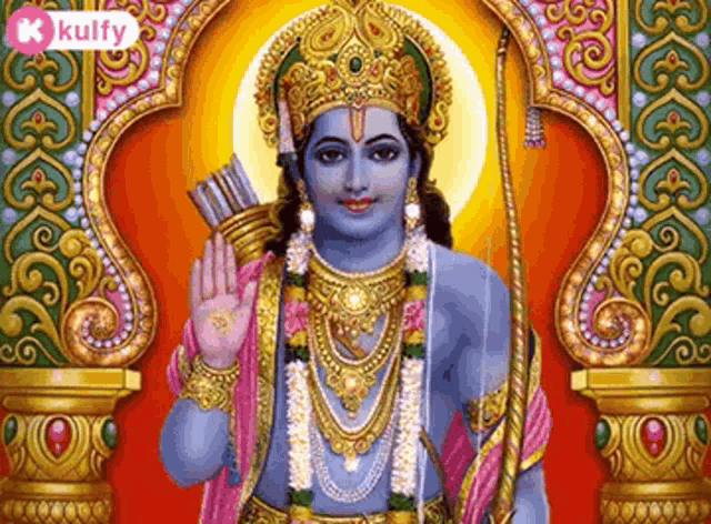 a painting of lord rama with a bow and arrow in his hand .