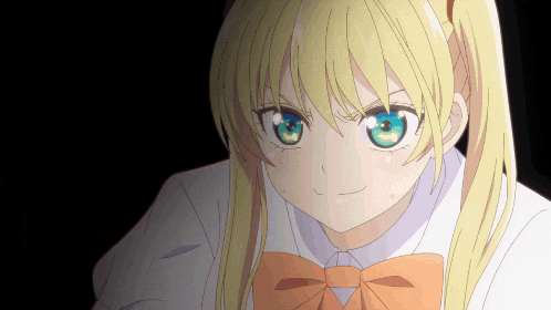 a blonde anime girl with blue eyes and a white shirt