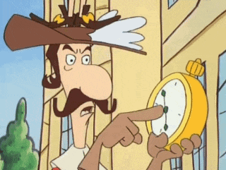 a cartoon man with a mustache is pointing at a yellow clock
