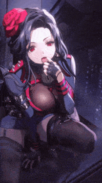 a woman with a rose in her hair is licking her lips