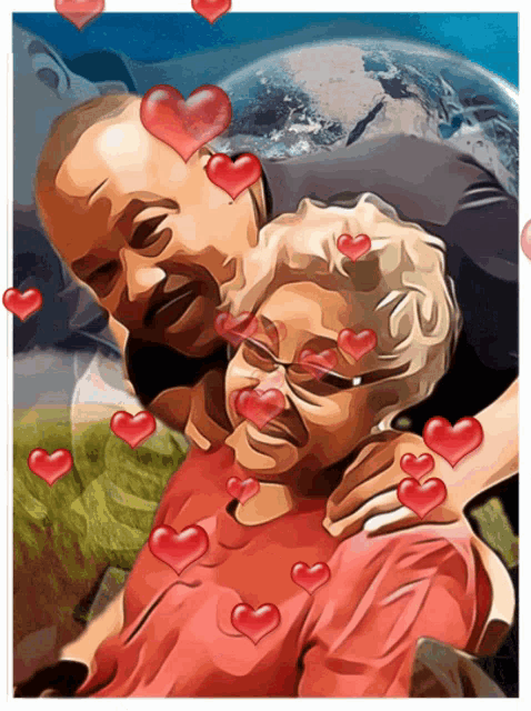 a painting of a man hugging an older woman with hearts around her face