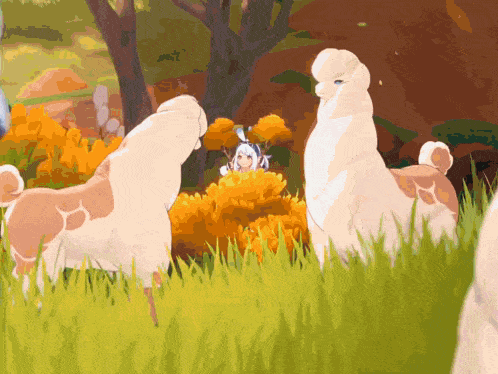 a cartoon drawing of a girl standing next to two llamas in the grass