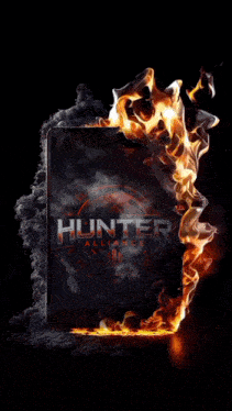 a poster for hunter alliance with flames and chains