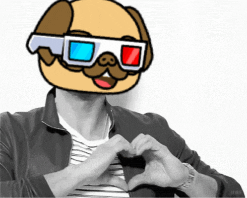 a man wearing 3d glasses and a pug face makes a heart shape with his hands