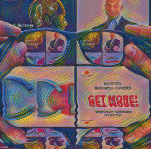 a painting of a person holding a pair of glasses that says get more
