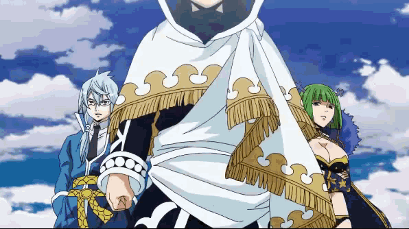 a group of anime characters standing in front of a blue sky with clouds