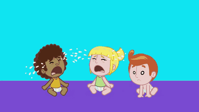 three babies in diapers are crying with tears running down their faces