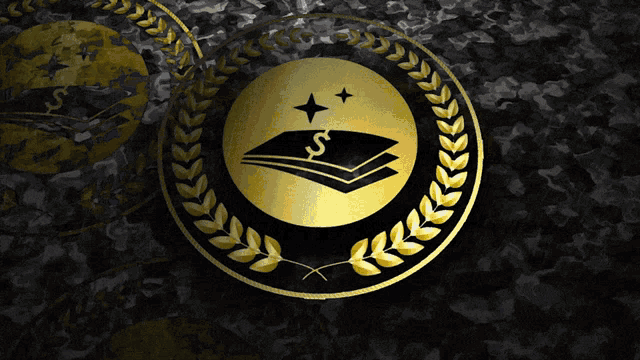 a gold coin with a stack of money and a laurel wreath around it