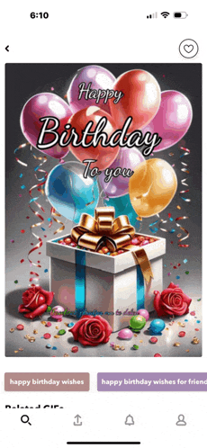 a phone screen shows a birthday card with balloons and roses and says happy birthday to you