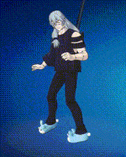 a cartoon character wearing a black shirt and blue slippers is standing on a blue background