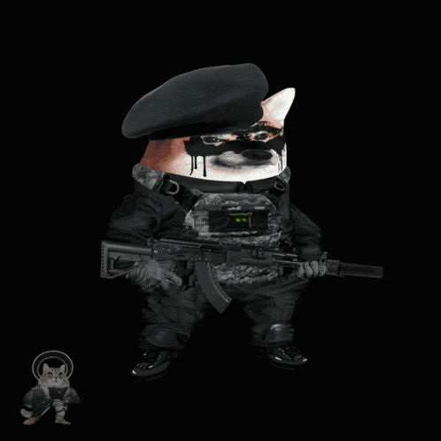 a dog wearing a beret and holding a gun with the words try me below him