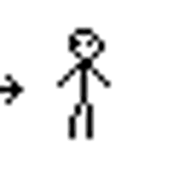 a stick figure is holding a gun in a pixel art style on a white background .