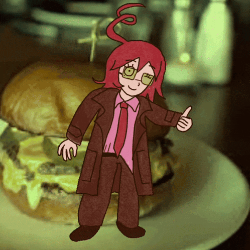 a cartoon character giving a thumbs up next to a hamburger