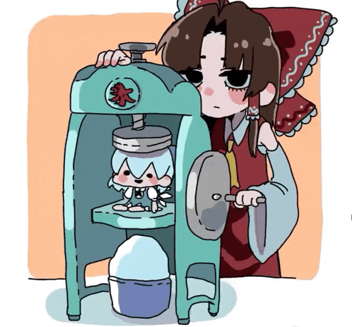 a cartoon of a girl in a red and white outfit making ice