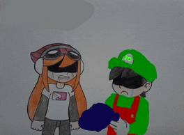a drawing of two cartoon characters one of whom is wearing a green hat with the letter q on it