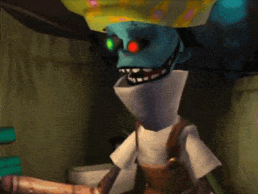 a cartoon character with red eyes is holding a wooden stick
