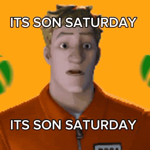 a man in an orange jacket says it 's son saturday its son saturday