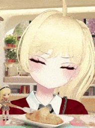 a blonde anime girl is sitting at a table with a plate of food