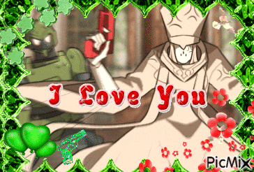 a picture of a man holding a gun with the words " i love you " on it