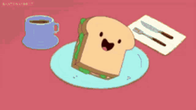 a sandwich with a face on it is on a plate next to a cup of coffee and a knife and fork
