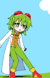 a cartoon character with green hair is wearing a white coat and green pants