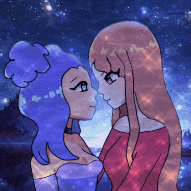 a drawing of two girls looking at each other with a starry sky in the background