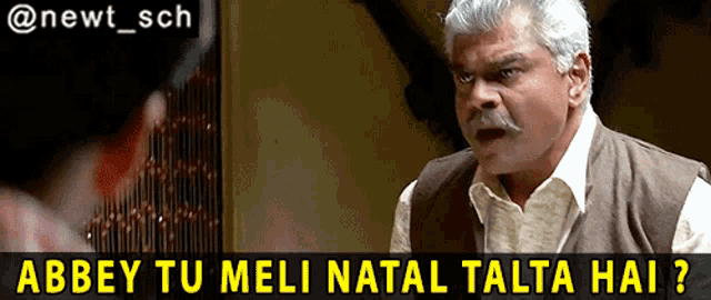 a man with gray hair and a mustache is talking to a woman with the caption abbey tu meli natal talta hai
