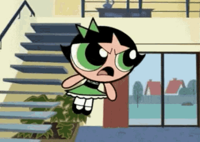 buttercup from the powerpuff girls is flying through the air in a room with stairs .
