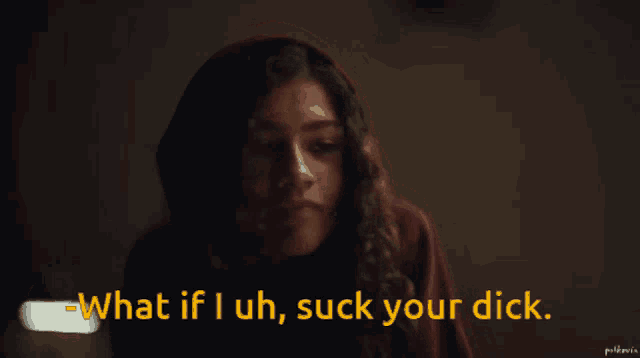 a woman in a red hoodie is saying " what if i uh suck your dick "